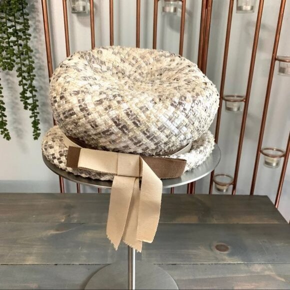 Vintage Cream & Brown Straw Cloche Hat main image 7